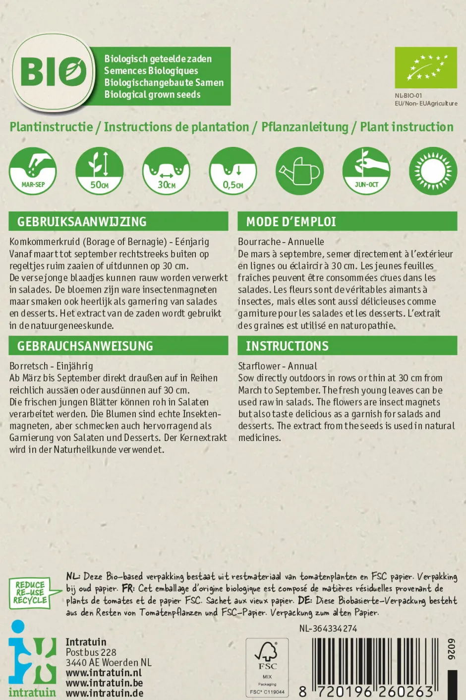 Intratuin Borretsch (Borago officinalis) (BIO) Samen| Kräutersamen|Saatgut