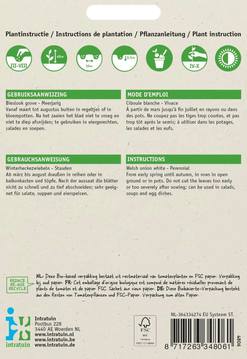 Intratuin Grober Schnittlauch / Winterheckezwiebeln (Allium fistulosum) Samen| Kräutersamen|Saatgut