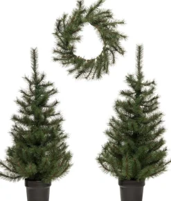 Intratuin Haustürset Ellmau 1 Kranz 2 Bäume mit LED Beleuchtung| Künstliche Weihnachtsbäume|Weihnachtskränze