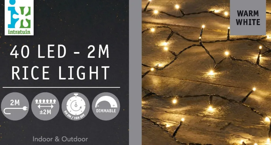 Intratuin Reiskorn Lichterkette 2 m mit 40 LEDs warmweiß| Weihnachtsbaumbeleuchtung