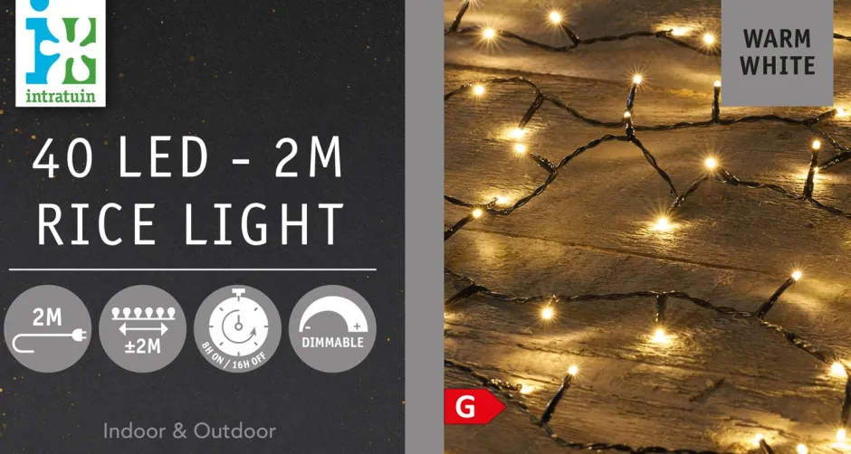 Intratuin Reiskorn Lichterkette 2 m mit 40 LEDs warmweiß| Weihnachtsbaumbeleuchtung