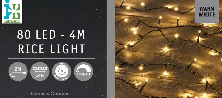 Intratuin Reiskorn Lichterkette 4 m mit 80 LEDs warmweiß| Weihnachtsbaumbeleuchtung