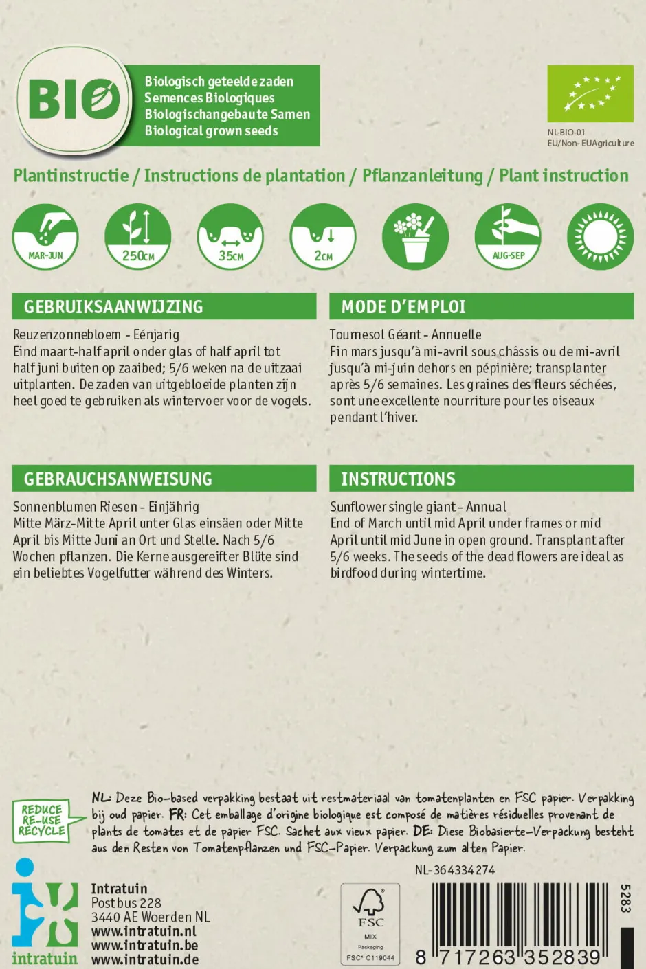Intratuin Riesen-Sonnenblume (Helianthus annuus 'Giganteus') (BIO) Blumensamen| Saatgut|Blühende Pflanzen