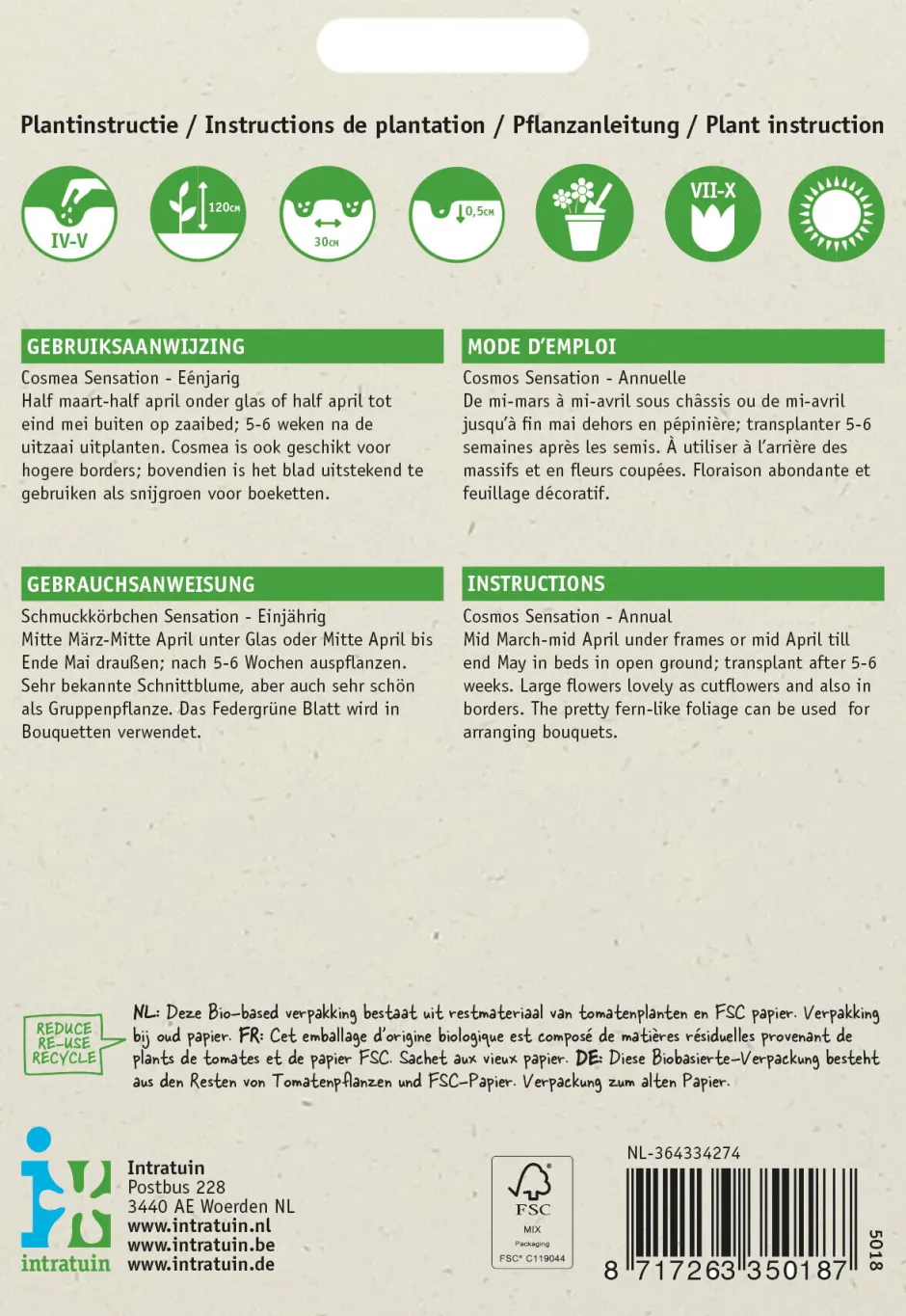 Intratuin Schmuckkörbchen (Cosmos bipinnatus 'Sensation') Blumensamen| Saatgut|Blühende Pflanzen