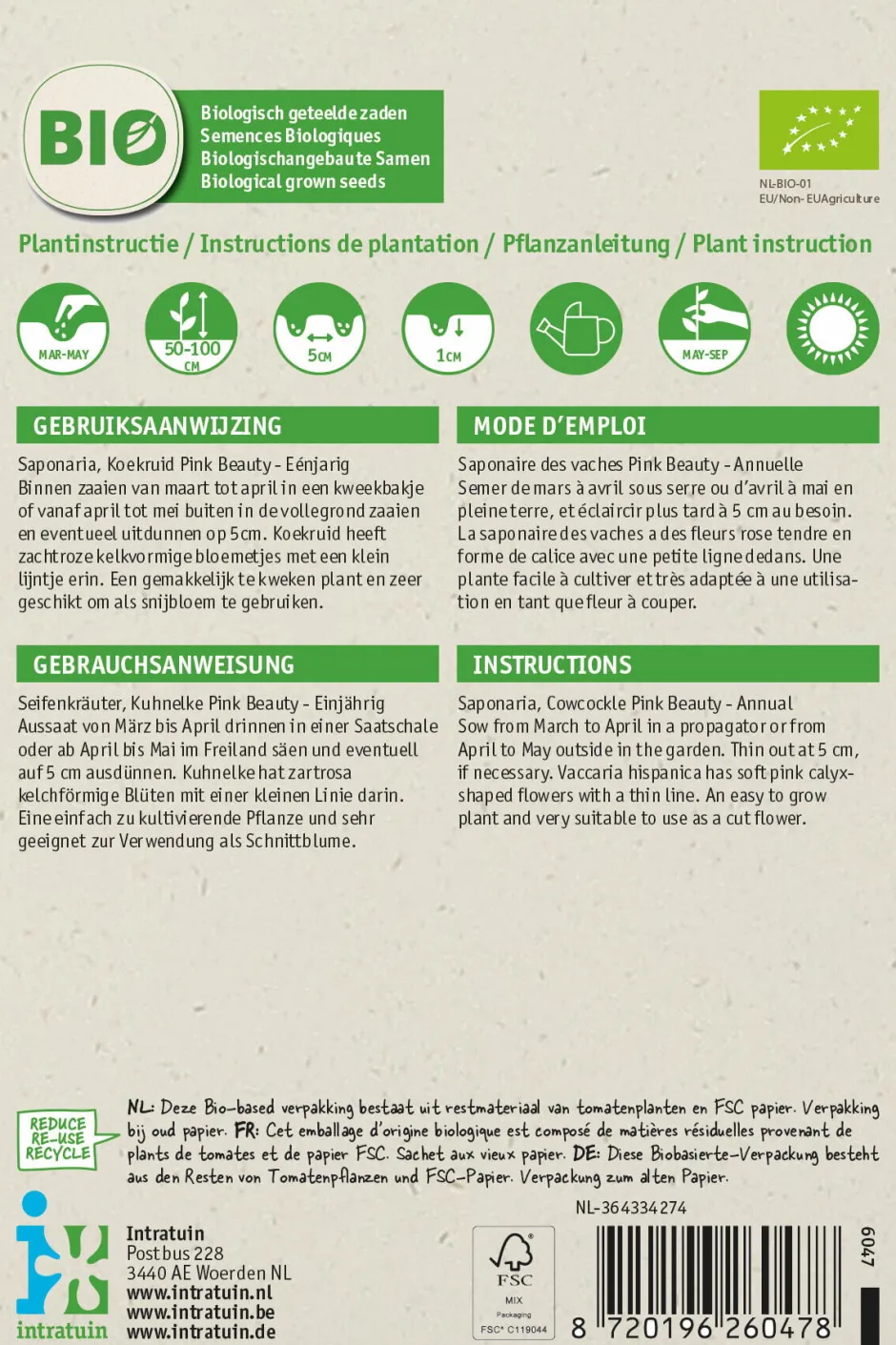 Intratuin Seifenkraut (Saponaria vaccaria 'Pink Beauty') (BIO) Samen| Blühende Pflanzen|Saatgut