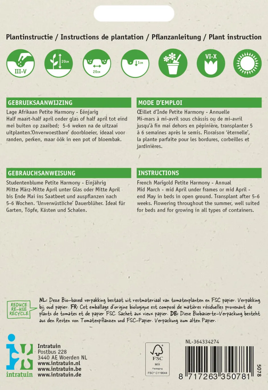 Intratuin Studentenblume (Tagetes 'Petite Harmony') Blumensamen| Saatgut|Blühende Pflanzen