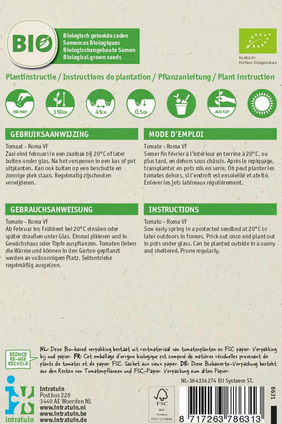 Intratuin Tomate (Solanum lycopersicum 'Roma') (BIO) Samen| Gemüsesamen|Saatgut