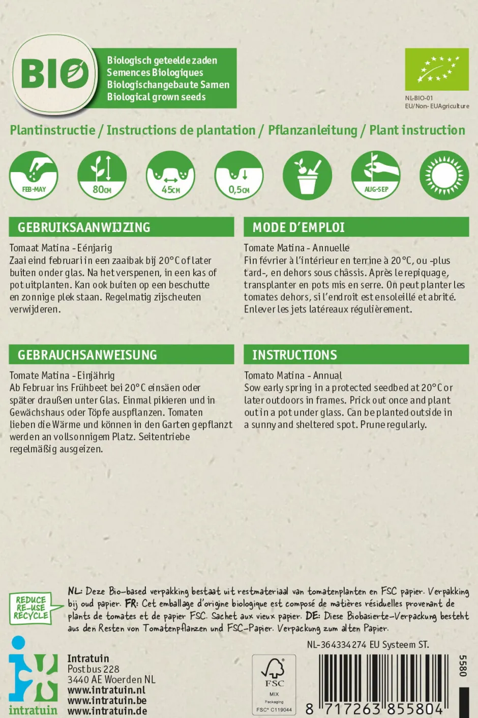 Intratuin Tomate (Solanum lycopersicum 'Matina') (BIO) Samen| Gemüsesamen|Saatgut