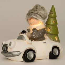 Intratuin Weihnachtsdeko Mädchen in Auto weiß / creme LED 20,5 x 11 x 16 cm| Weihnachtsfiguren & -Objekte