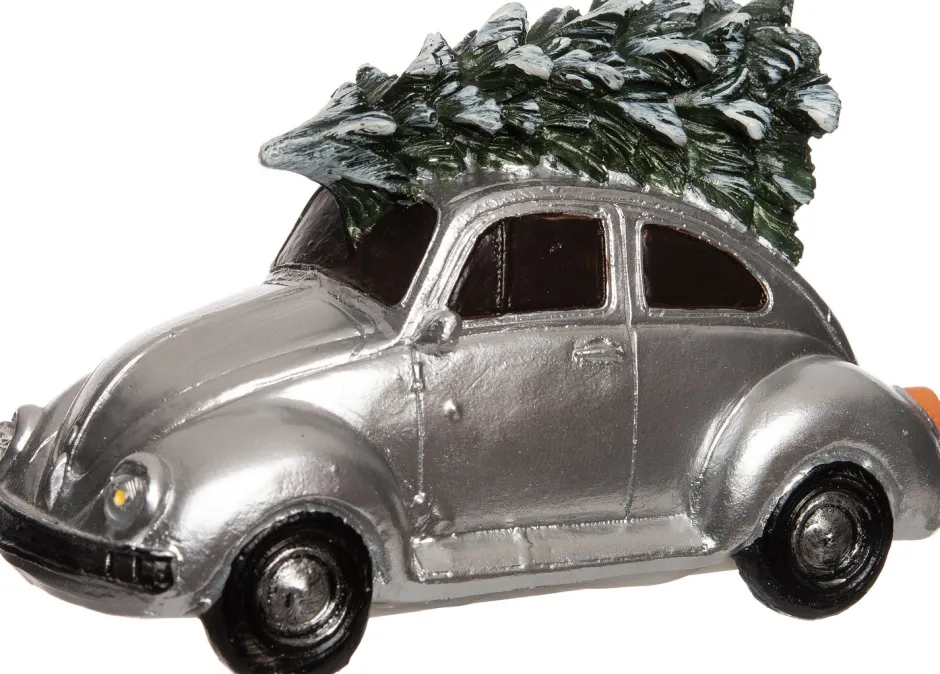 Intratuin Weihnachtsdorf Auto Beetle mit Weihnachtsbaum silber 11 x 5,3 x 7 cm| Weihnachtsdorf Figuren & Objekte
