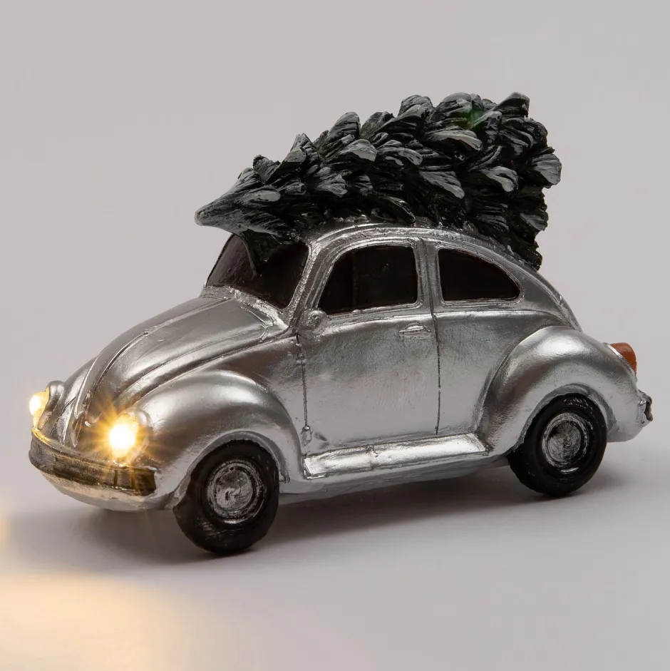 Intratuin Weihnachtsdorf Auto Beetle mit Weihnachtsbaum silber 11 x 5,3 x 7 cm| Weihnachtsdorf Figuren & Objekte