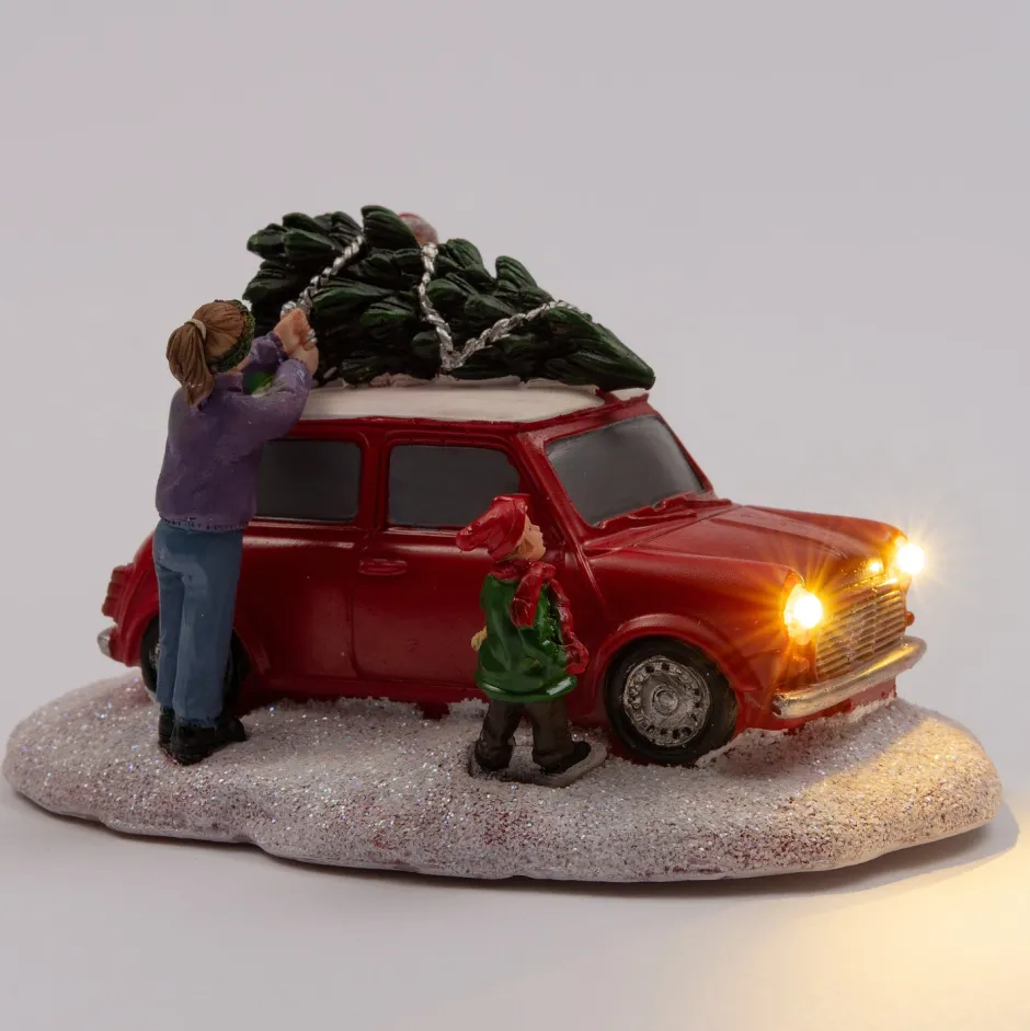 Intratuin Weihnachtsdorf Auto Mini Cooper mit Figuren 14 x 9,3 x 8 cm| Weihnachtsdorf Figuren & Objekte