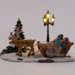 Intratuin Weihnachtsdorf-Miniatur Rentier mit Schlitten 18,5 x 9 x 12 cm| Weihnachtsdorf Figuren & Objekte