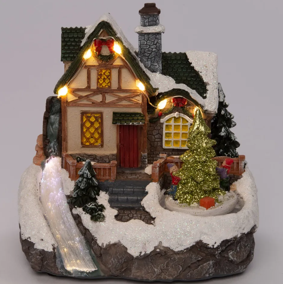 Intratuin Weihnachtshäuschen mit Wasserfall und Weihnachtsbaum 16 x 12,5 x 16 cm| Weihnachtshäuschen