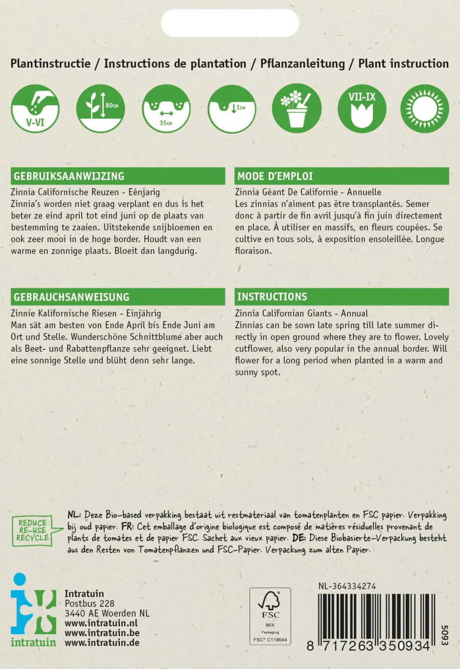 Intratuin Zinnie (Zinnia elegans 'Kalifornische Riesen') Blumensamen-Mischung| Saatgut|Blühende Pflanzen