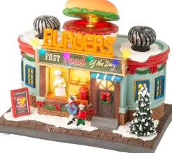 Intratuin Lumineo Weihnachtsdorf Miniatur Burger Fast Food (Hamburgerstand) 12 x 19,5 x 16 cm| Weihnachtshäuschen