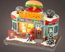 Intratuin Lumineo Weihnachtsdorf Miniatur Burger Fast Food (Hamburgerstand) 12 x 19,5 x 16 cm| Weihnachtshäuschen