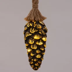 Intratuin Weihnachtsleuchte Tannenzapfen mit Seil gold D 10 cm mit 15 LEDs warmweiß| Weihnachtsdeko Zum Aufhängen